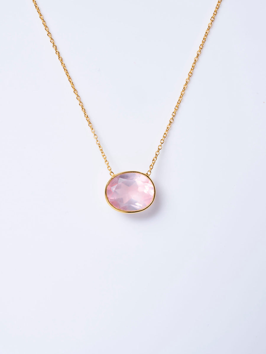 (ローズクオーツ/gold)：oval flower necklace